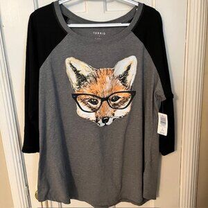 TORRID FOX IN GLASSES BASEBALL T-SHIRT, 1 (1X), 3/4 SLEEVES, GRAY, BLACK; NWT